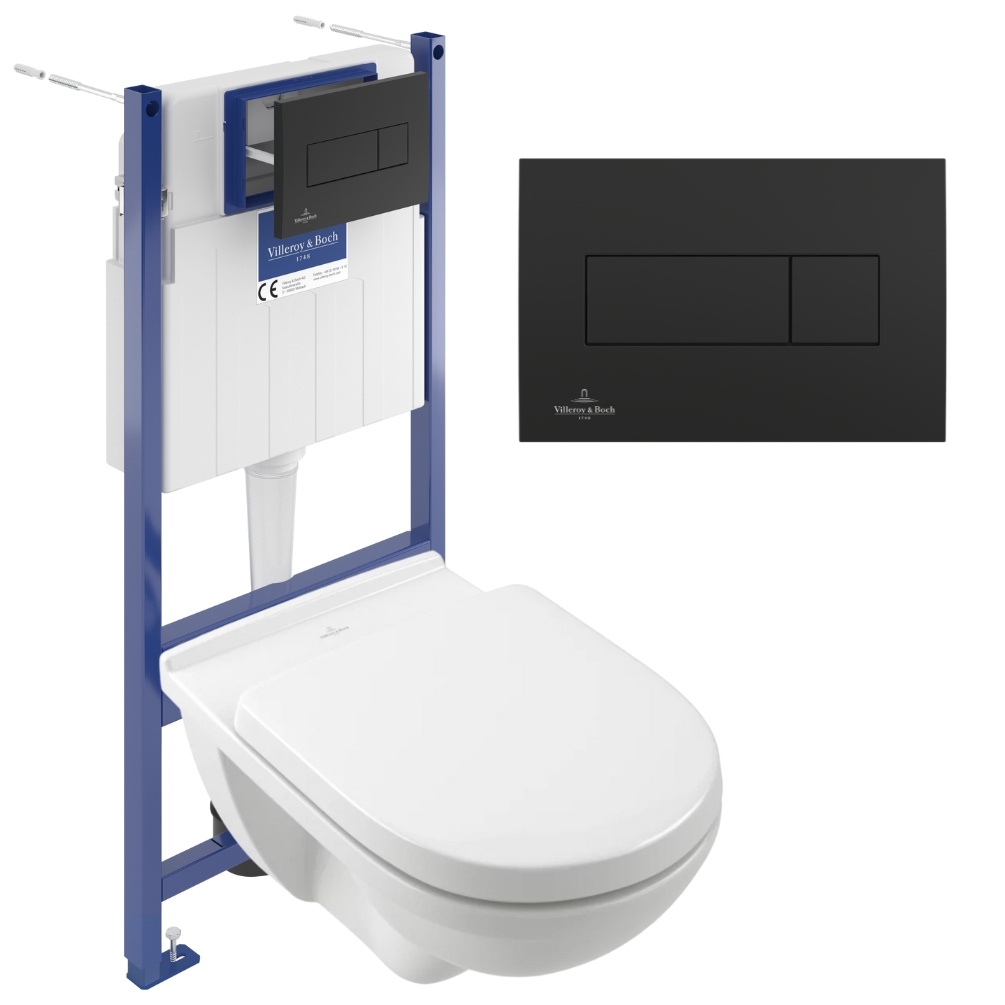 Product cut out photo of Villeroy & Boch O.Novo Wall Hung WC & ViConnect Pro S 1.12m Toilet Frame in Matt Black 921228AN 5660H101
